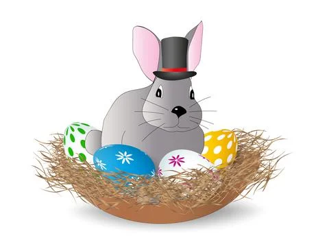 Cartoon Easter bunny in a top hat sits in a nest with Easter eggs on a white Stock Illustration