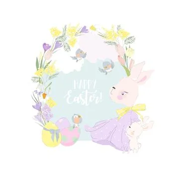 Cartoon Easter Card with Cute Bunny hugging Cub Stock Illustration