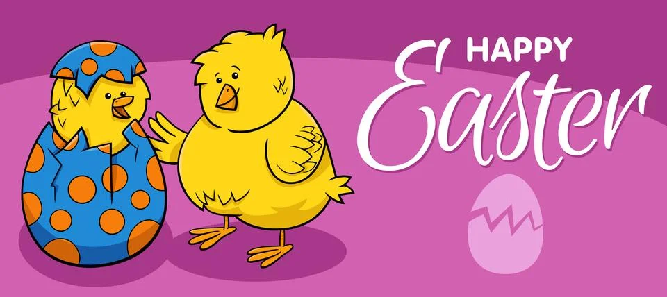 Cartoon Easter Chick hatching from Easter egg greeting card Stock Illustration