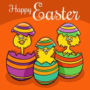 Cartoon Easter chicks hatching from eggs greeting card Stock Illustration