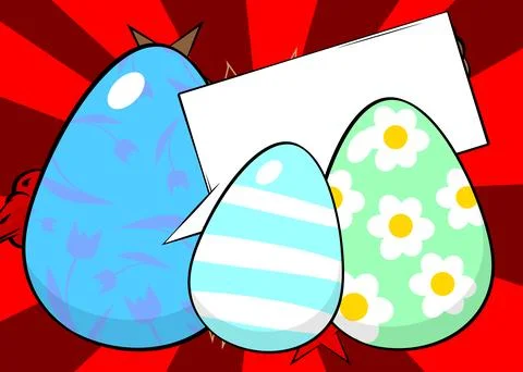 Cartoon Easter Egg with blank speech bubble, comic book ... background. Ret.. Stock Illustration