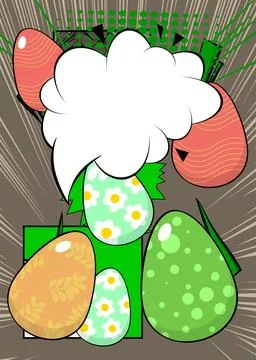 Cartoon Easter Egg with blank speech bubble, comic book ... background. Ret.. 스톡 일러스트