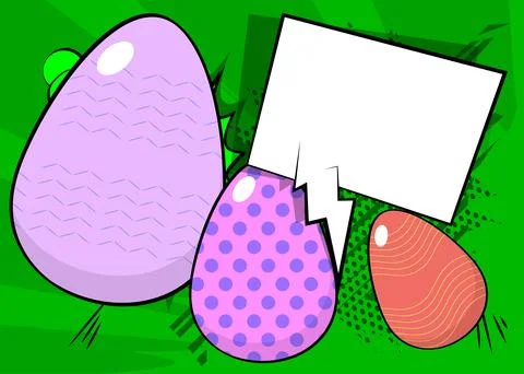 Cartoon Easter Egg with blank speech bubble, comic book ... background. Ret.. Stock Illustration