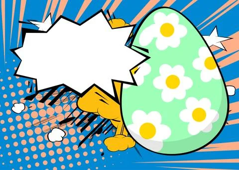 Cartoon Easter Egg with blank speech bubble, comic book ... background. Ret.. イラスト素材