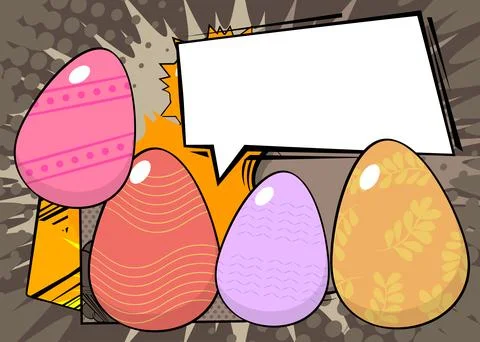 Cartoon Easter Egg with blank speech bubble, comic book ... background. Ret.. Illustrazione stock