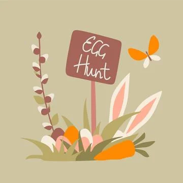 Cartoon Easter Egg Hunt Isolated Illustration. Bunny Ears, Sign, Willow, Carr Stock Illustration