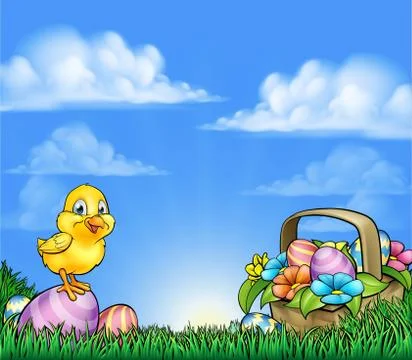 Cartoon Easter Eggs And Chick Background Stock Illustration