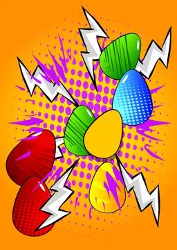 Cartoon Easter eggs, comic book holiday background. Retro vector comics pop.. イラスト素材