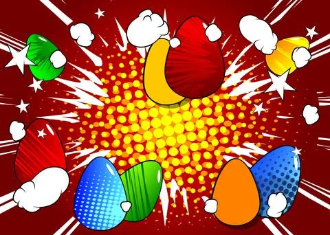 Cartoon Easter eggs, comic book holiday background. Retro vector comics pop.. Illustrazione stock