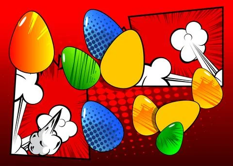 Cartoon Easter eggs, comic book holiday background. Retro vector comics pop.. 스톡 일러스트