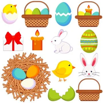 Cartoon easter icon set 13 elements. Stockillustratie