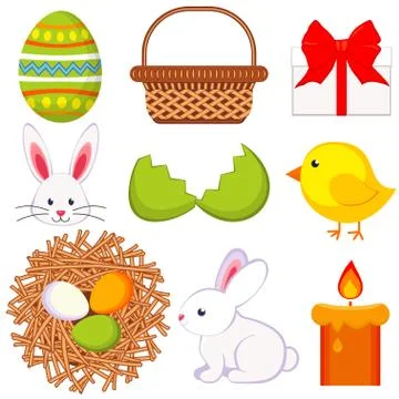 Cartoon easter icon set 9 elements. Stockillustratie