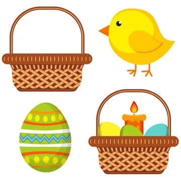 Cartoon easter icon set chick candle egg basket icon set. Stock Illustration