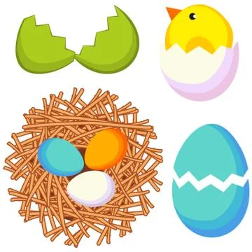Cartoon easter icon set chicken nest egg shell. Illustrazione stock