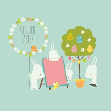 Cartoon Easter illustration with rabbits and easter eggs Stock Illustration