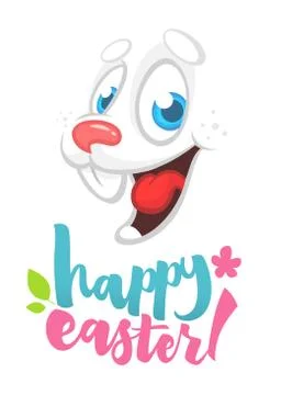 Cartoon Easter rabbit face. Hand drawn lettering poster for Easter. Modern ca Stock Illustration