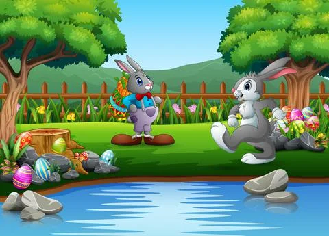 Cartoon easter rabbit playing in the park Stock Illustration