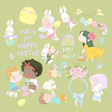 Cartoon Easter Set with Cute Children, Easter Eggs and Rabbits Stock Illustration