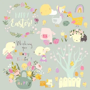 Cartoon Easter Set with Rabbits, Farm Animals and Flowers Stock Illustration