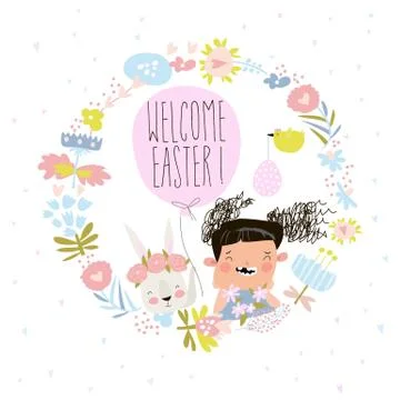 Cartoon Easter wreath with cute rabbit and little girl Stock Illustration