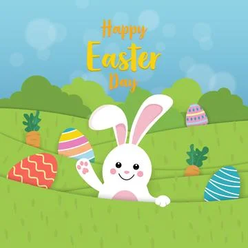Cartoon easters rabbit on the meadow with painted eggs and carrots Stock Illustration