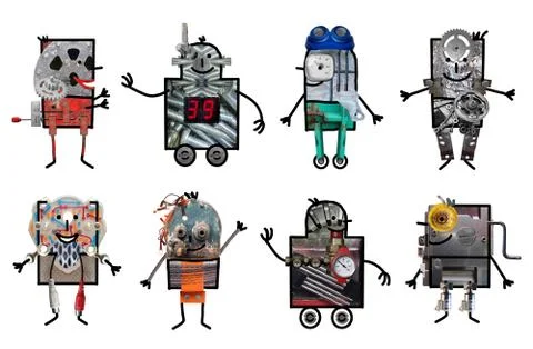 Cartoon eight robots Stock Illustration