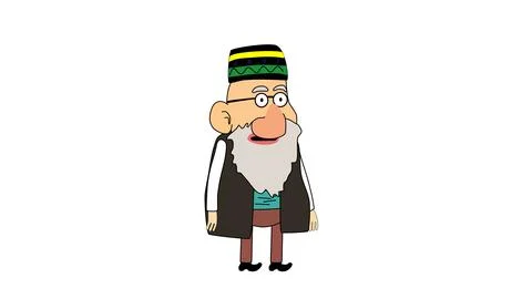 Cartoon elderly man green hat brown vest white beard standing wise Stock-Illustration