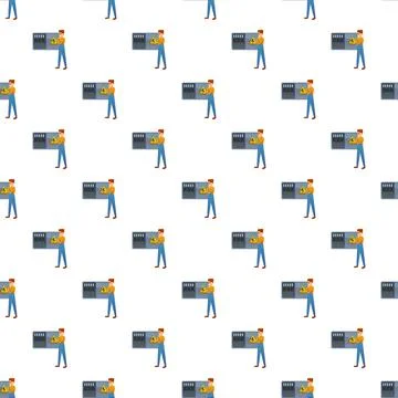Cartoon electrician worker pattern with electrical panel in repeating design Stock Illustration