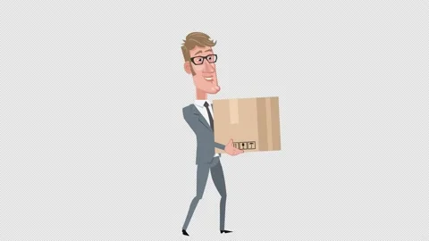 Cartoon elegant businessman character walking with cardboard delivery box Stock Footage 196448853