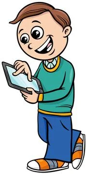 Cartoon elementary age boy with digital tablet Stock Illustration