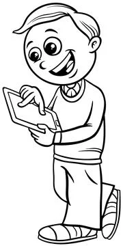 Cartoon elementary age boy with digital tablet coloring page Stock Illustration