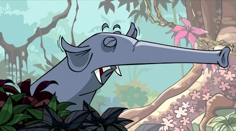 Cartoon elephant trumpeting in the trunk in the jungle Stock Footage