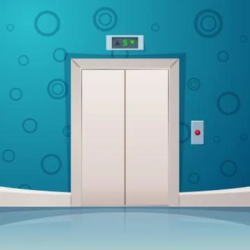 Cartoon elevator with red button. Stock Illustration