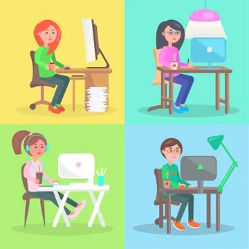 Cartoon Employees Work at Computer in Office Set Illustrazione stock