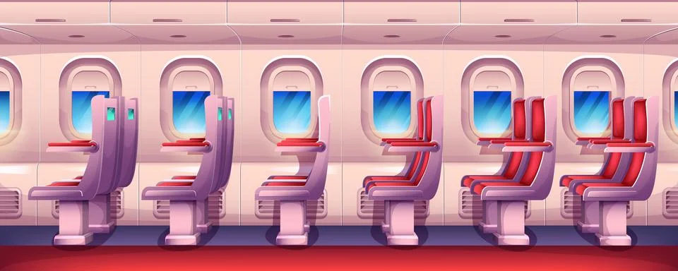 Cartoon empty airplane interior with windows and passenger seats Stock Illustration