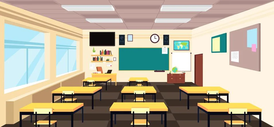 Cartoon empty classroom, high school room interior with desks and blackboard 스톡 일러스트