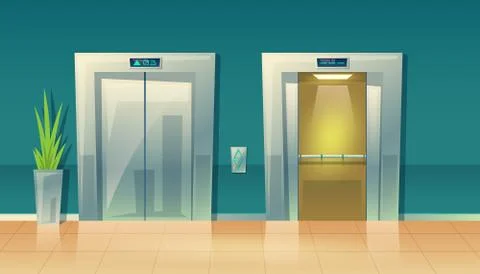 Cartoon empty hallway elevators - closed and open イラスト素材