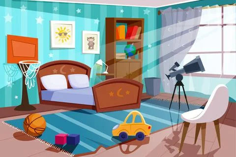 Cartoon empty kid boy bedroom with bed, telescope and bookshelf 스톡 일러스트