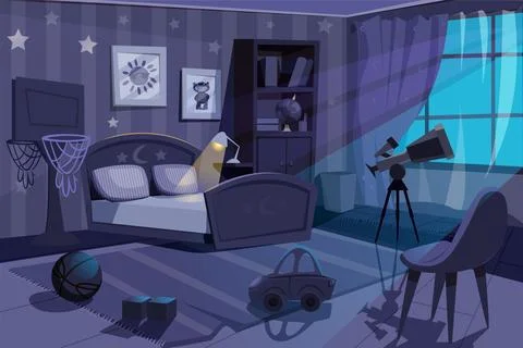 Cartoon empty kid boy bedroom at night Stock Illustration