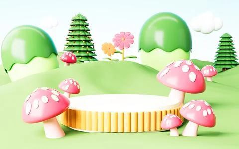 Cartoon empty with outdoor spring background, E-commerce theme, 3d rendering. Stock Photos