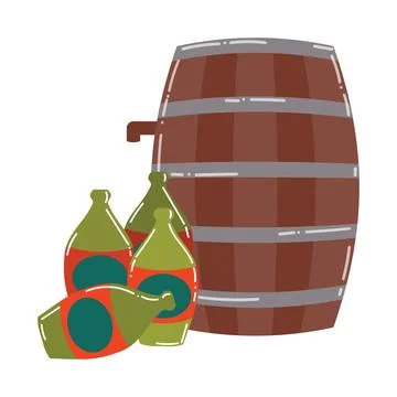 Cartoon empty rum bottles and a barrel of alcoholic drink. Ship's pirate booz Stock Illustration