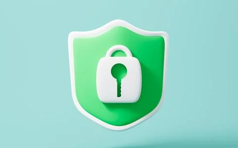 Cartoon encryption shield in the green background, 3d rendering. Stock Illustration