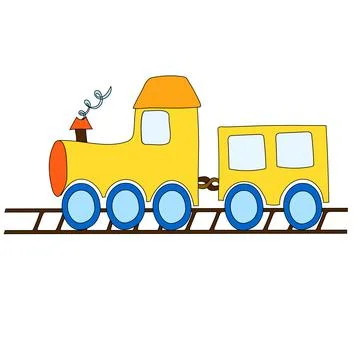 Cartoon engine, wagon, wheels and railway for child. TCute icon for holiday Stock Illustration