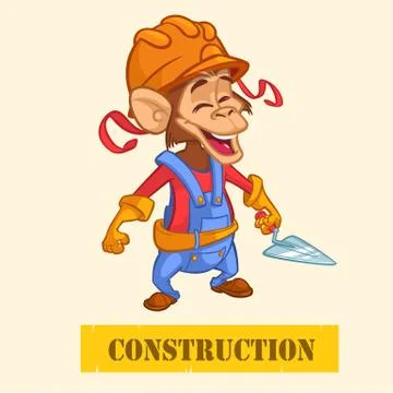 Cartoon engineer monkey with a trowel. Vector illustration with under constru Stock Illustration
