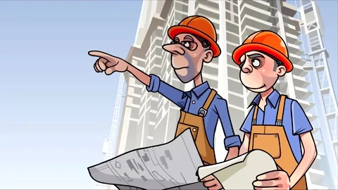 Cartoon engineers builders discussing work being at the construction site Stock-Footage 243819187