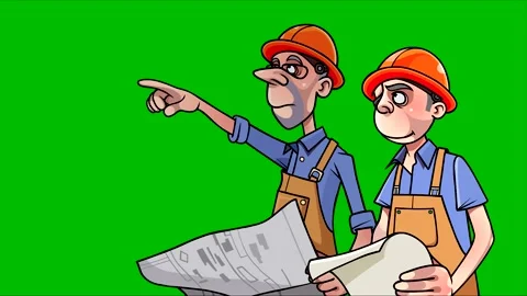 Cartoon engineers builders discussing work on green background Stock-Footage 243819196