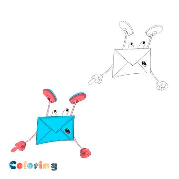 Cartoon envelope in flight. Vector illustration in the form of coloring and c Stock Illustration