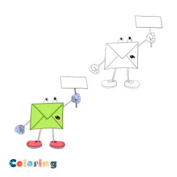 Cartoon envelope holds a sign. Vector illustration in the form of coloring an Stock Illustration