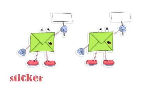 Cartoon envelope holds a sign. Vector illustration in the form of a sticker. Stock Illustration