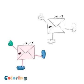 Cartoon envelope kicks. Vector illustration in the form of coloring and color Stock Illustration